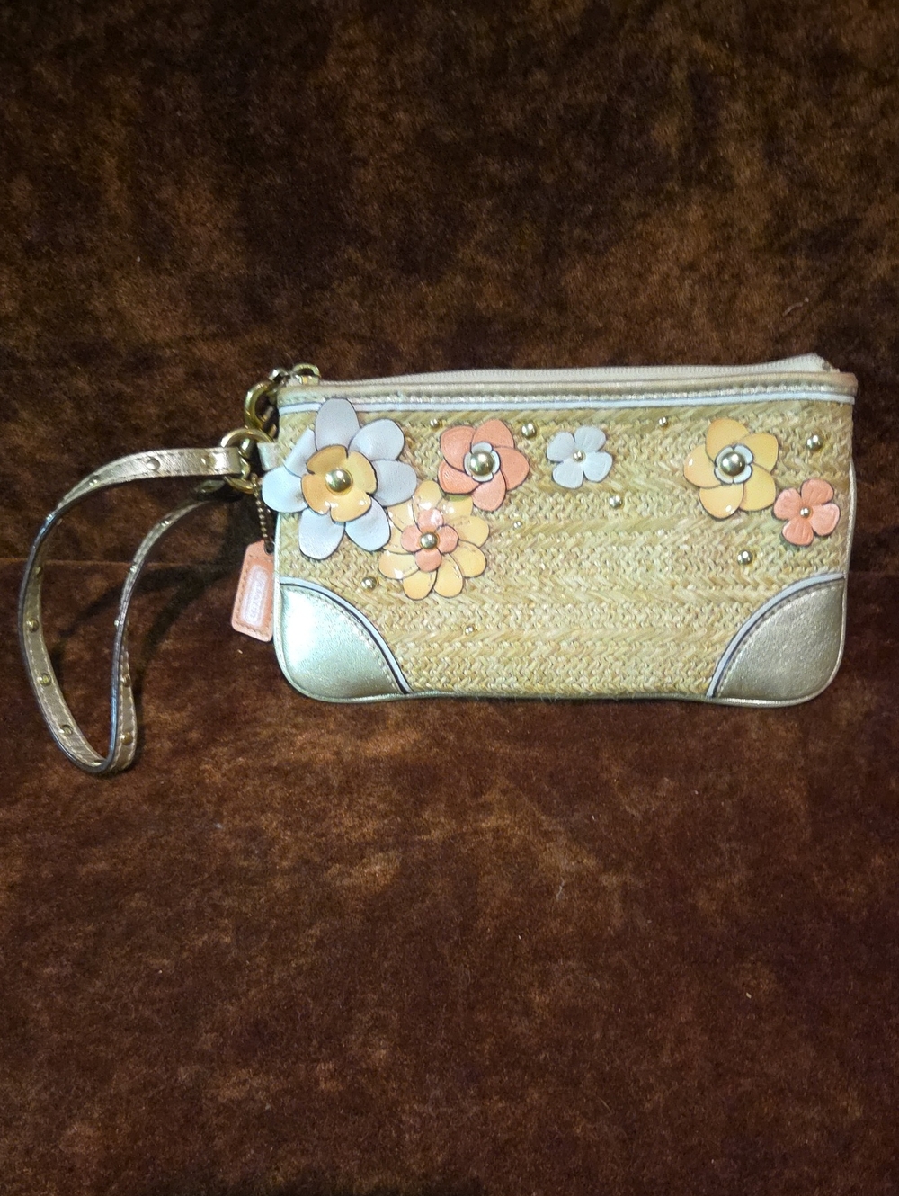 Coach Straw Wristlet with Floral Accents - Beige and Gold